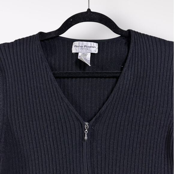Rena Rowan Petite Large‎ Ribbed Knit Black Sweater Full Zip Holiday Retro Y2K - Picture 2 of 6